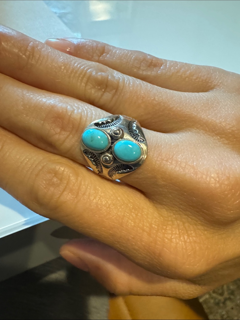 Solid Sterling Silver Turquoise Gemstone Chunky Wester Ring Navajo Inspired